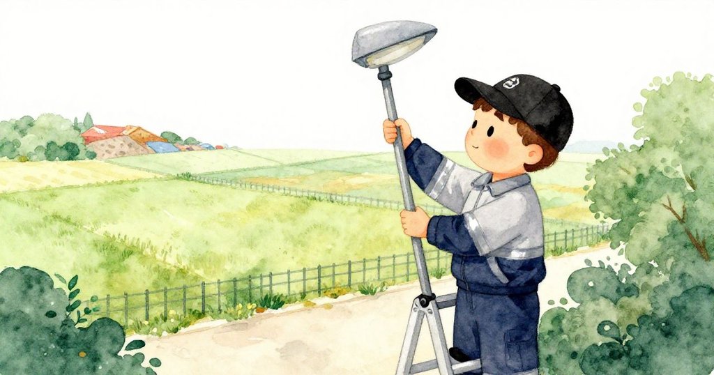 圖中Technician攀爬梯子修燈,從高處俯瞰草地、圍欄和遠處垃圾場,展現堅定與挑戰。