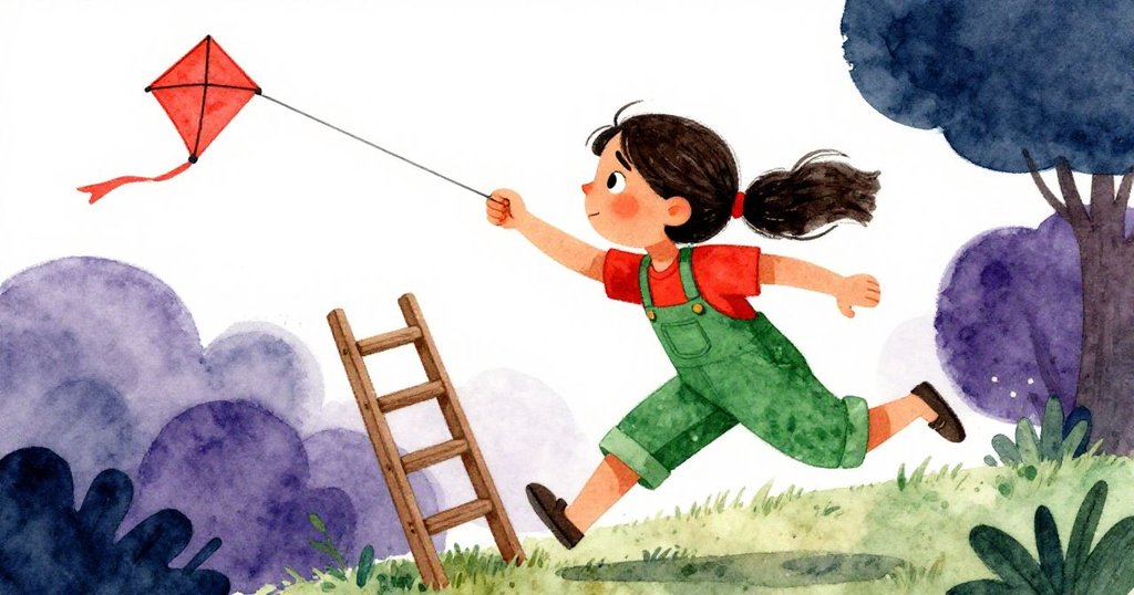 圖中Maya奔向梯子救援打結風箏,神情焦急與堅定,風勢強烈衝擊現場動態。