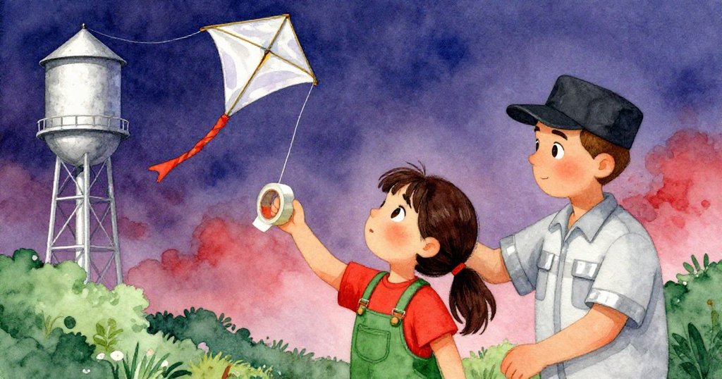 圖中Technician遞給Maya膠帶修繕風箏,兩人滿懷喜悅與解脫,風箏穩定飛翔於水塔上方。