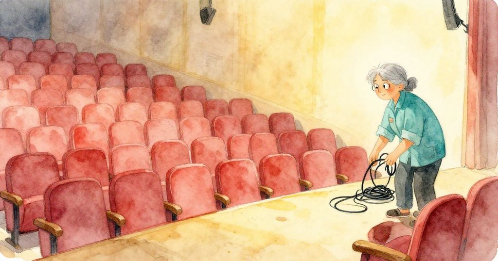 Mira 正在晨光中的灰塵劇場裡調整投影線纜，背景紅布座椅延伸，神情專注，展現故事開端情境。