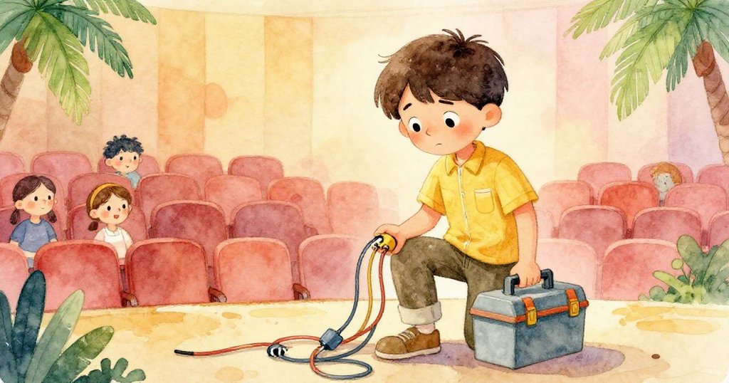 Carl 在舞台旁邊仔細檢查電纜並平衡工具箱，神情緊張卻堅毅，展現挑戰與細心操作的過程。