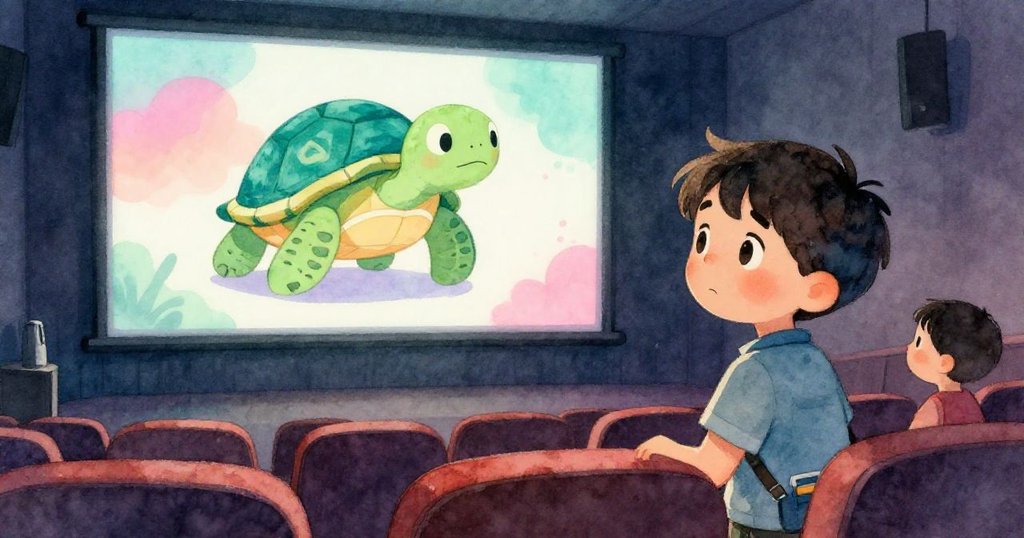 Carl 透過投影幕看到一隻戴著公司標誌斗篷的卡通烏龜，現場頓時充滿驚喜與笑聲，故事進入轉折。