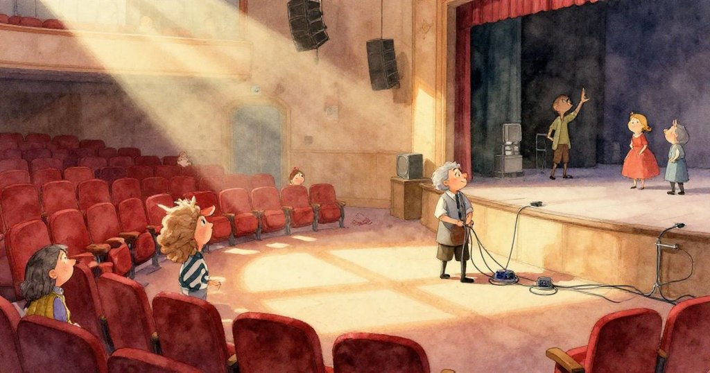 投影機光束中微塵像水下氣泡般漂浮，透出奇幻透明光影，展現技術故障中帶著魔法般的神秘感。