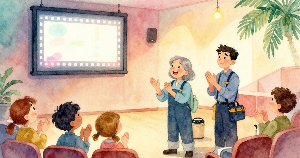 Mira 與 Carl 在觀眾掌聲中對視微笑，溫暖燈光照亮恢復順暢的電影放映，展現團結歡慶的圓滿結局。