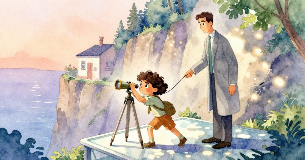 米拉在玻璃走廊中推著三腳架,與身穿灰色外套的外交官會面,早晨光線灑落,表情充滿期待和好奇,環境靜謐生機盎然。