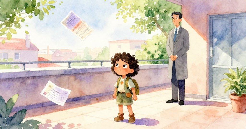 在露台上,米拉和外交官置身於溫暖晨光中,紙張隨風飛舞,天窗微敞,場景充滿動態與溫馨。