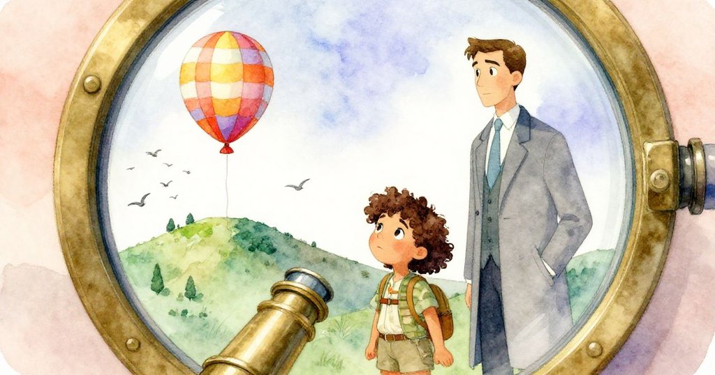 透過望遠鏡鏡頭,條紋氣球從山脊上緩升,米拉與外交官滿臉驚奇,鳥群隨風飛散,結局神秘充滿期待。