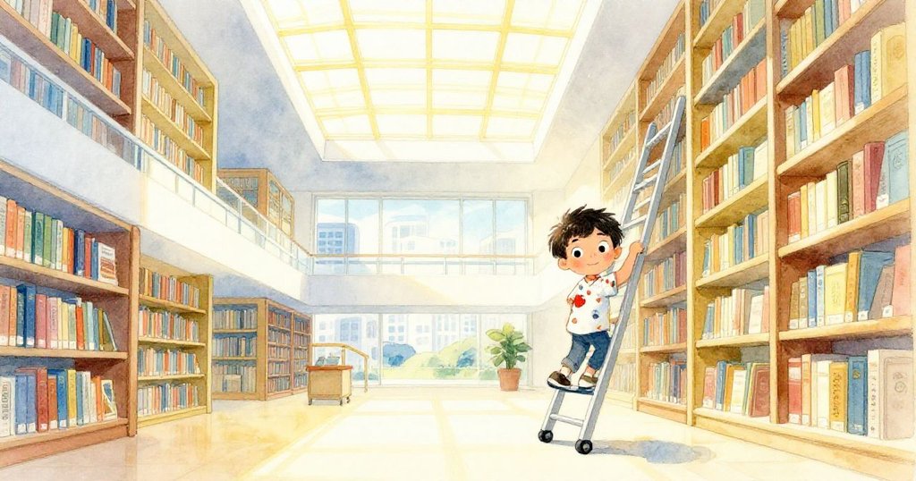 Felix 正在明亮圖書館的夾層上操作移動梯子，背景有高高的書架和溫暖金色光線，他表情專注且充滿期待。