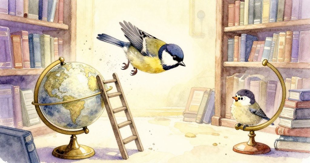 一隻好奇的小麻雀從天窗飛入圖書館，穿梭塵埃並輕撥銅製地球儀，牠敏捷飛行，動感十足，背景光影斑駁。