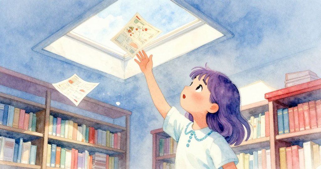 Mira 正在伸手打開天窗，清新的氣流將地圖冊散頁輕舞般托起，室內瀰漫著明亮柔和的光線與輕盈季節氛圍，充滿生機。