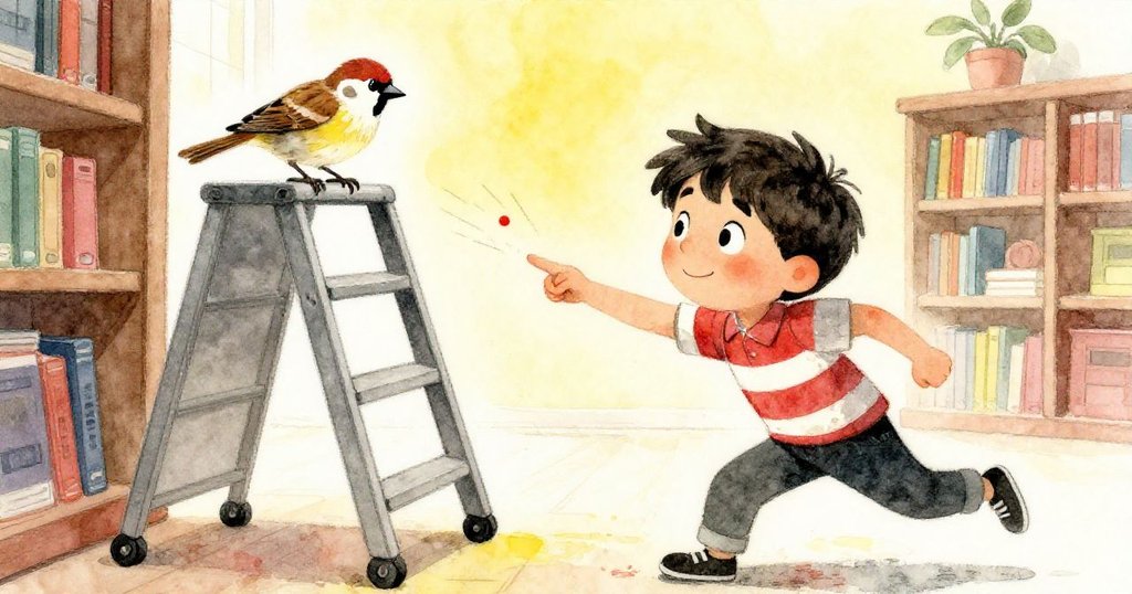 Felix 在圖書館內緊張地輕拍梯子，試圖驅使停在梯上的小麻雀再次起飛，動作果斷且充滿急迫感，場景中細節動態十足。
