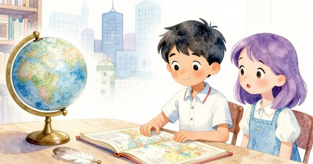 Felix 與 Mira 在安靜的圖書館內放鬆，厚重的地圖冊平躺於桌上，一根羽毛靜靜伴隨銅製地球儀停轉，表情流露出平和與解脫。