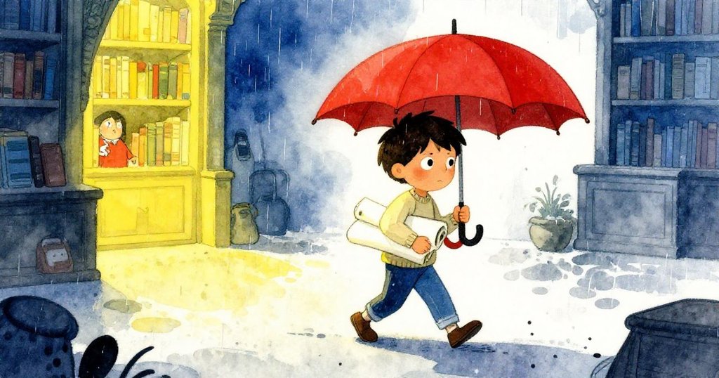 Leo在雨中穿越圖書館庭院，傘下堅定前行，背景濕潤石板和暗光交織，充滿期待與勇氣