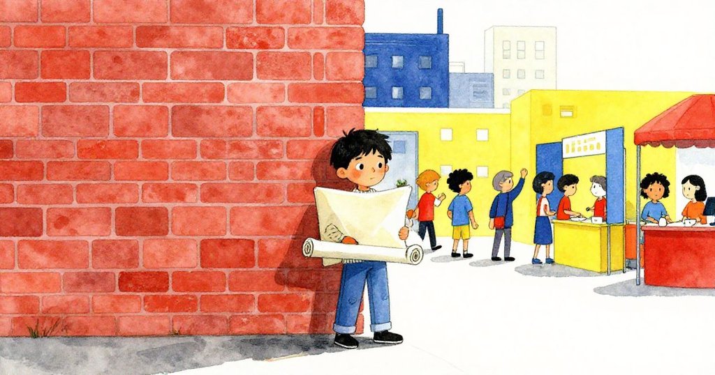 Leo在熙攘迎新攤位旁手持畫布走向空牆，場景對比鮮明，表情專注期待未來