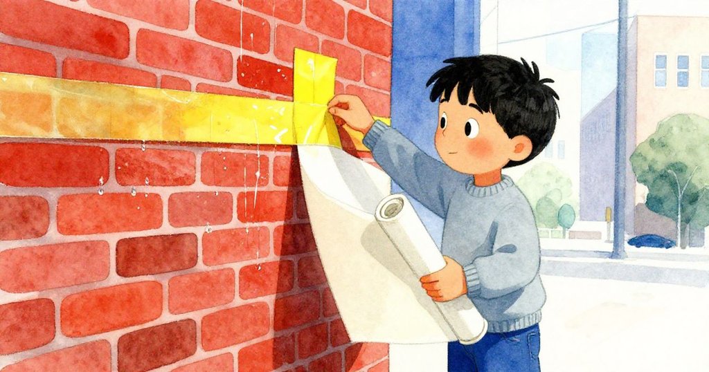 Leo蹲下在濕潤牆邊試貼畫布，手持黏條檢查細節，背景迎新活動遙遠，表情顯得焦急與專注