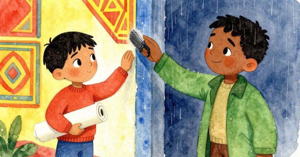 Malik輕拂雨水觸摸牆上舊畫，細看斑駁齒輪和樹葉紋理，背景模糊透露神秘與溫情