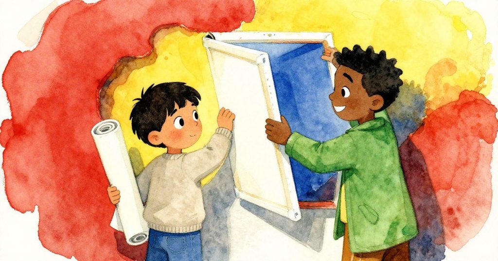 Leo與Malik攜手合作調整畫布，共同將舊壁畫框定，現場充滿專注與互助情感，背景溼潤迷人