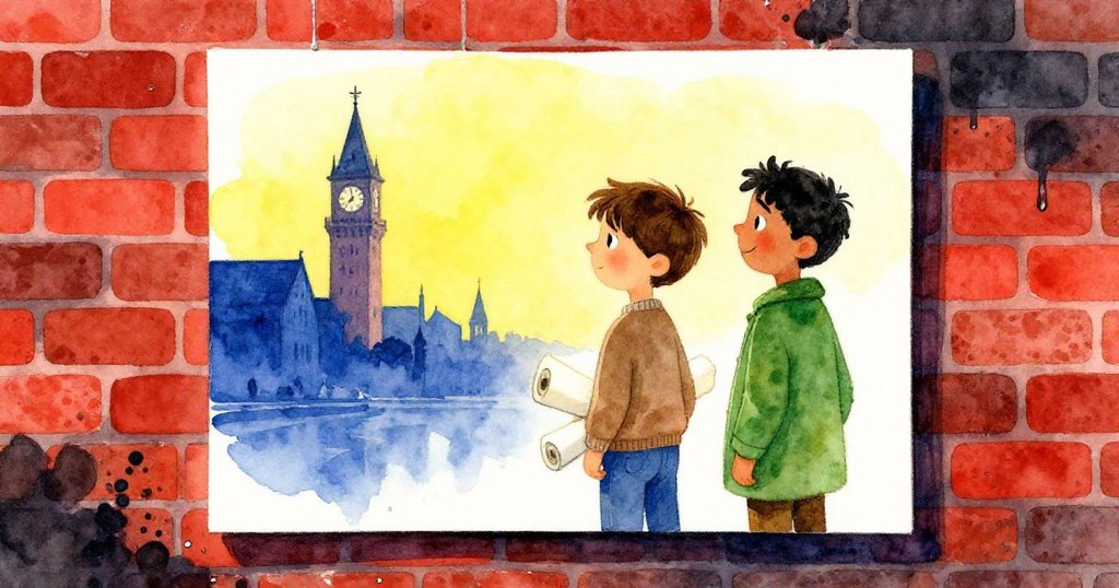 Leo與Malik望著終穩懸掛畫布觸碰濕磚牆，遠處鐘聲響起，新開始氛圍中流露淡淡期盼與沉思