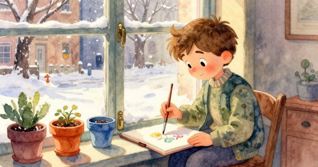 米洛專心致志地繪畫，眼神充滿專注與期待，他的小畫筆沾滿了鮮豔的顏料，背景暖光柔和。