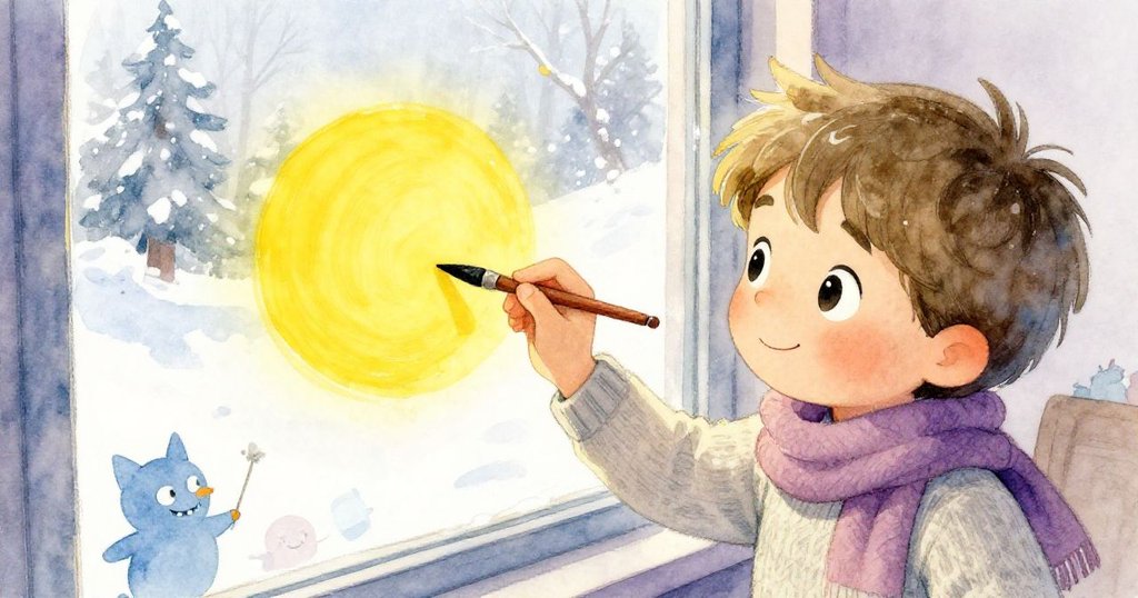 從高處俯視米洛在起霧的窗戶上畫一個黃色圓形，他認真用小畫筆創作，室內外光線交織展現冬日情景。