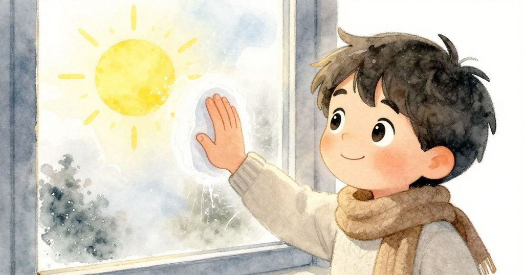 米洛用手迅速擦去窗上的霧氣，露出外面隱約透出的真實太陽，室內光線溫暖而神秘。