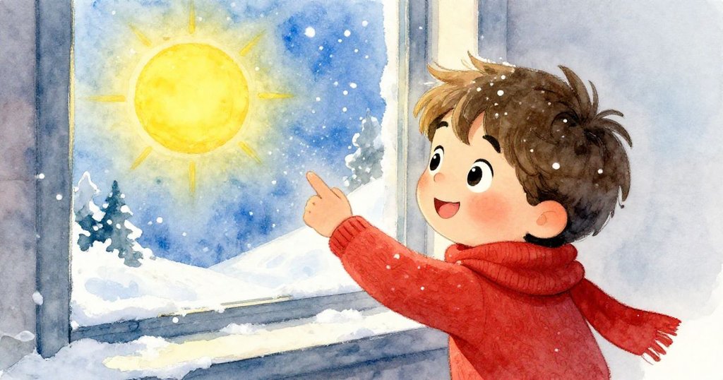 米洛興奮地輕敲窗台，窗外大雪飄落，他的繪畫中黃色圓形在夕陽下閃爍，動感和詩意交融。