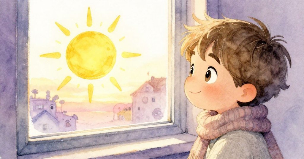 米洛靜靜站在窗邊，凝望著他那在夕陽下閃亮的繪畫圓形，心中滿是驚奇與滿足，室內溫馨而詩意。