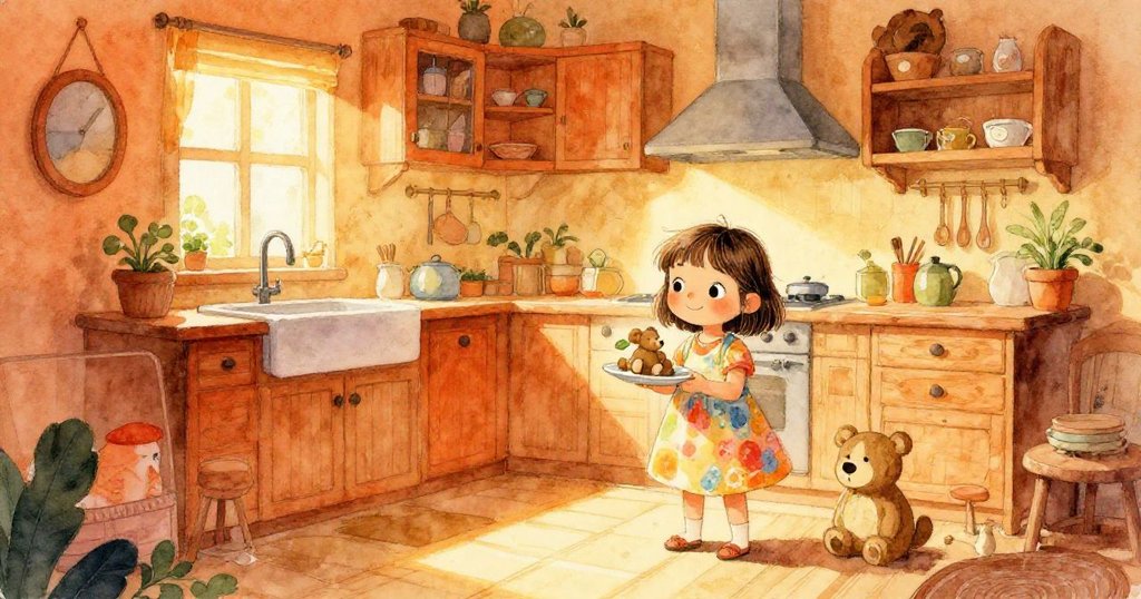 米婭在溫暖廚房中開始冒險，站在大窗前，環境明亮溫馨，充滿期待與好奇，展現故事開端。