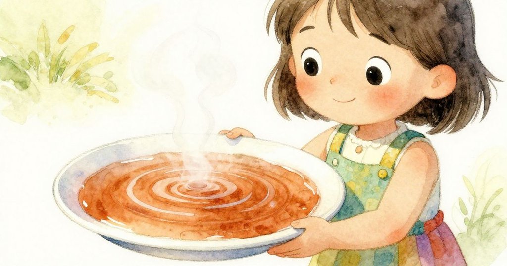 米婭小心拿著盛熱水的小盤子，盤子細節清晰可見，水面冒出細微蒸氣，充滿溫暖與細膩情感。