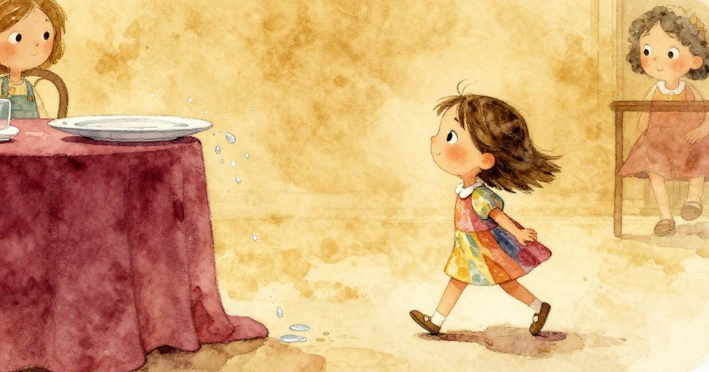 米婭走向高桌時手臂輕晃致使水滴飛散，畫面分割呈現動作與水花瞬間，充滿趣味與期待。