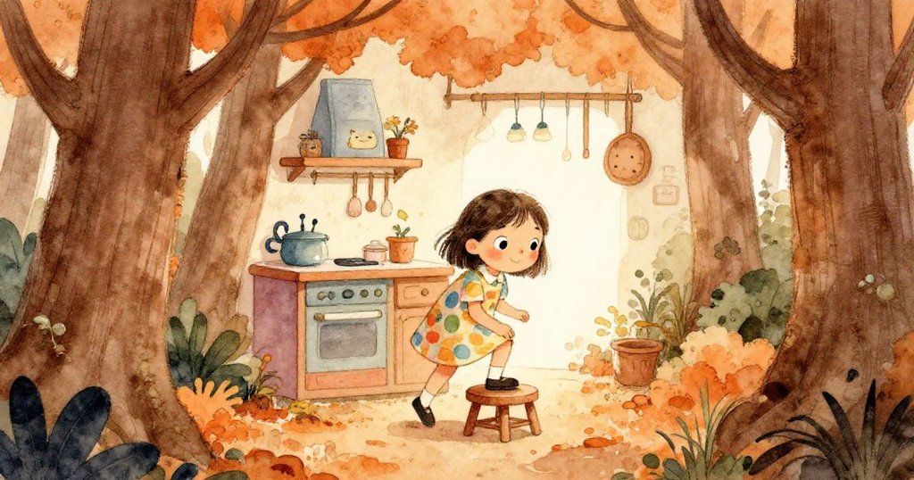 米婭踩上短凳發現廚房隱蔽角落，細節展現小玩具與溫暖色調，心中驚喜與期待融合。