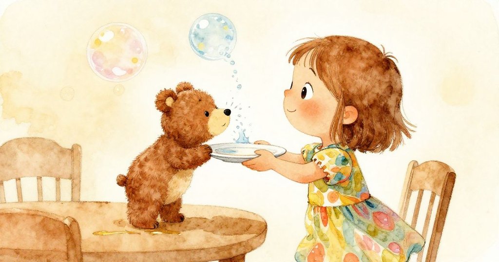 米婭小心將盤子放上桌時，泡泡破裂灑水在玩具熊鼻尖，臉上露出愉悅笑容，滿溢童趣與驚喜。