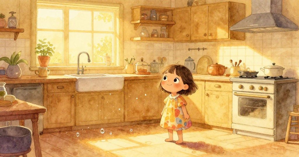 米婭在落日餘暉中靜賞閃爍水滴的廚房，環境溫馨寧靜，故事尾聲充滿平和與柔美感。