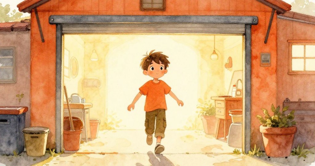 山姆踩著明亮晨光進入小車庫，身影清晰呈現動感，背景隱約有舊工具與顏料罐，展現期待與探索。