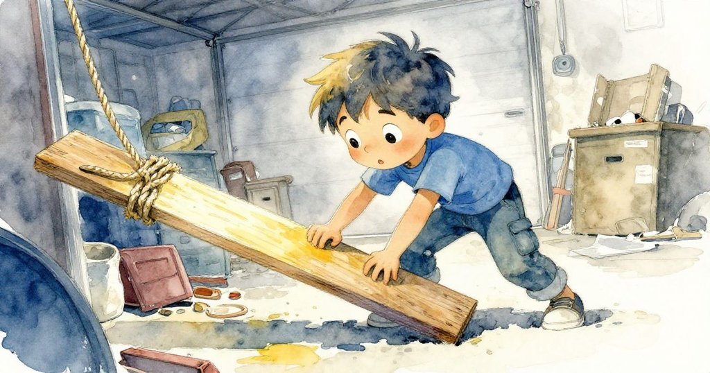 山姆在車庫內與長木板和舊繩子互動，側角度呈現彎腰拉扯的動作，充滿探索與創意精神。