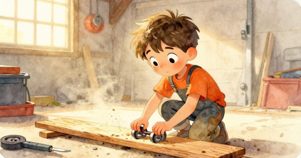 山姆專注使用釘子固定金屬輪於木板下，木屑隨光線飄舞，呈現巧手創作與細膩工序。