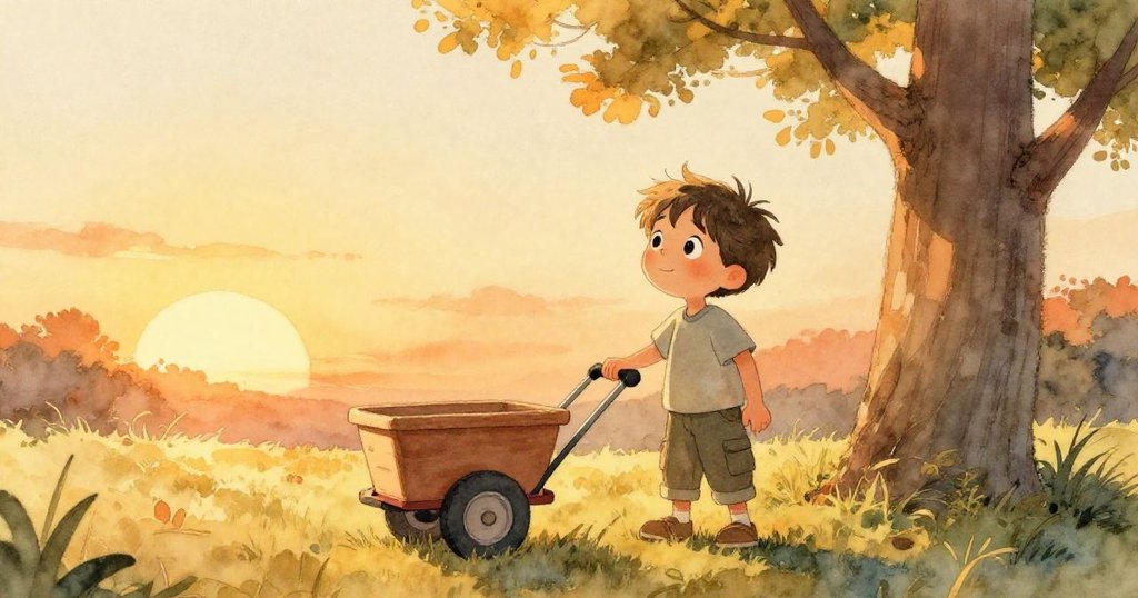 山姆在夕陽餘暉中露出滿足笑容，推車安靜於高樹旁，微風吹起木屑營造出溫馨而寧靜的結局。