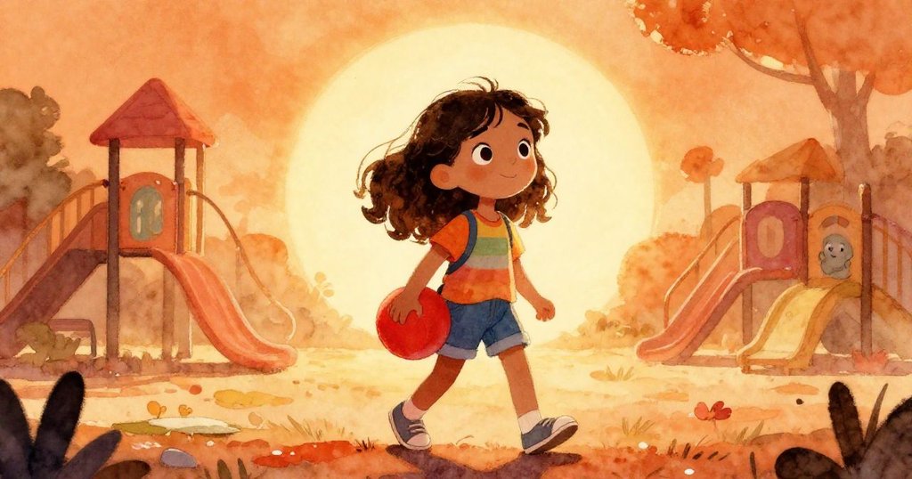 瑪雅揹著鮮紅球走向明亮遊樂場, 晨光映襯其堅定身影, 背景展現草地與遊戲設施, 充滿期待與活力.