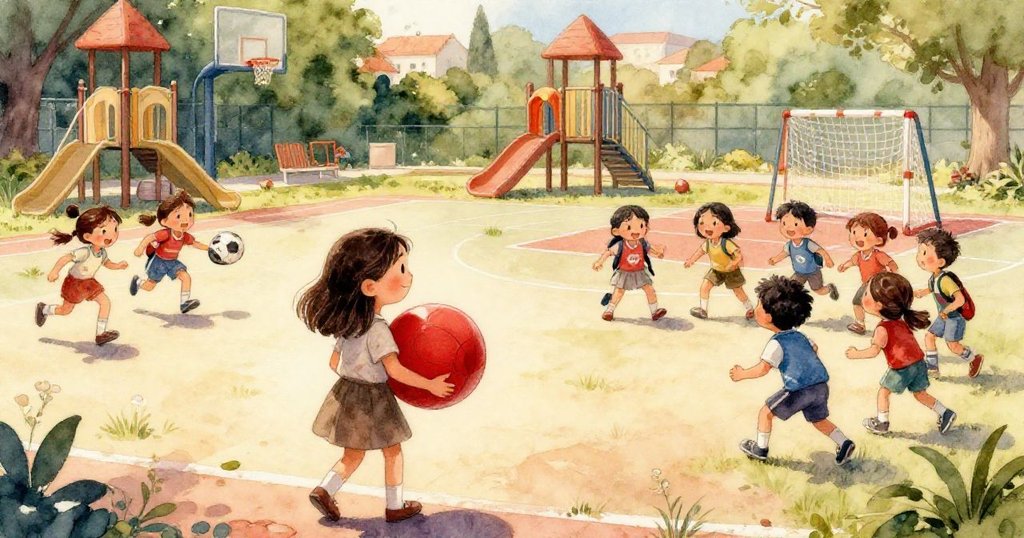瑪雅的朋友們奔向籃球場, 用背包標記球門, 充滿活力與童趣, 現場洋溢著團隊合作與快樂氣氛.