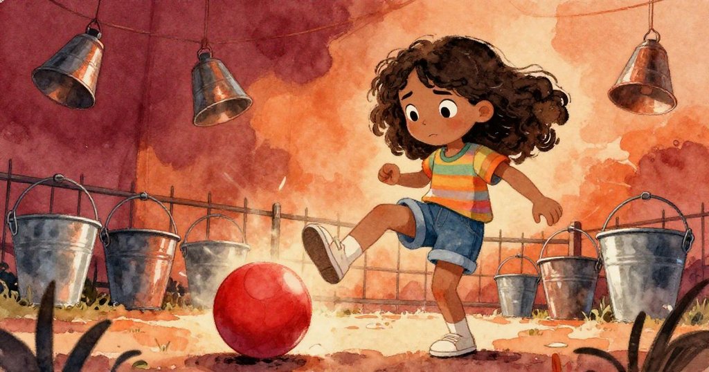 瑪雅在籬笆前使力踢球, 球高飛過籬笆, 金屬桶隨即滾落, 畫面展現出她堅定與驚喜的神情.