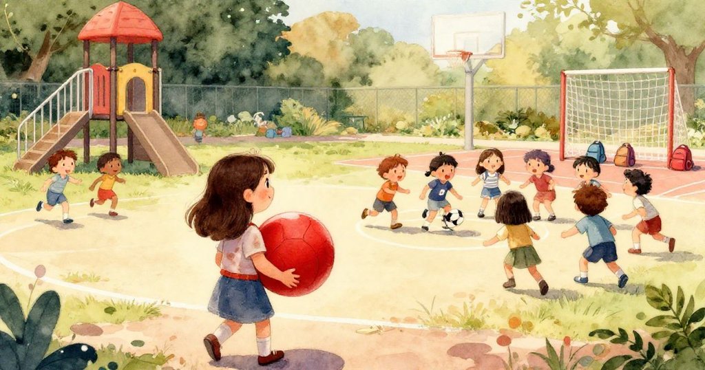 球落入小樓旁, 金屬桶滾落打開花園門, 狗吠間落葉飛揚, 夕陽映照下展現午後時光變幻.