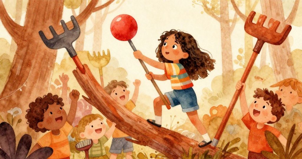 瑪雅攀越籬笆進入工具林, 巧妙穿梭耙子間取回紅球, 朋友齊聲歡呼, 畫面洋溢著團隊合作與活力.