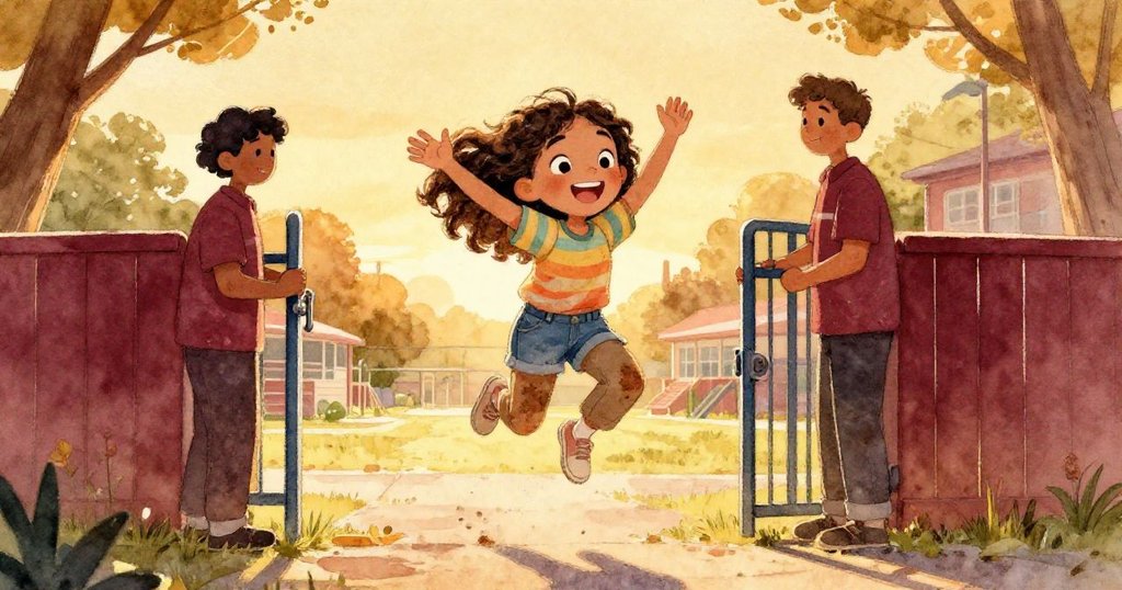 看護員鎖上大門, 瑪雅再攀跳下, 塵土飛揚卻滿面笑容, 落日餘暉映照學校屋頂, 場景溫馨完結.