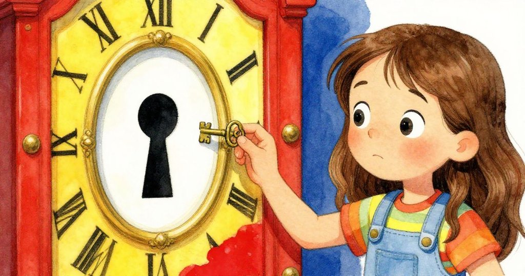 莉亞專注地檢查細小黃銅鑰匙與異形鎖孔,她的手輕輕試著替換鑰匙,背景呈現老舊鐘面細節。