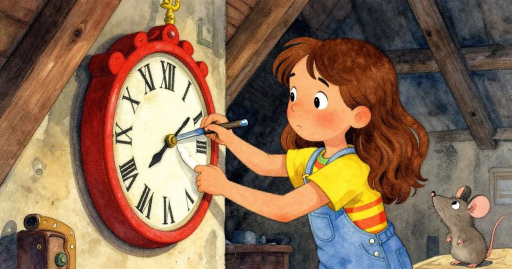 從小鼠視角看見莉亞在閣樓裡用工具修理老鐘,一隻好奇的小鼠在角落觀察,場景充滿童話感。