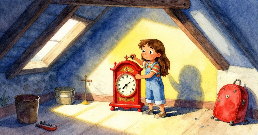 莉亞在午後轉暗的閣樓裡,用工具修理鐘錶,房間裡光影變換、塵埃浮動,展現時間流逝的微妙變化。