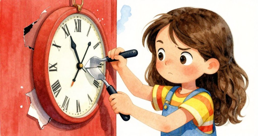 莉亞面帶決心,專注地用工具撬開鐘錶面板,近距離呈現老木與金屬細節,展現緊張又期待的瞬間。