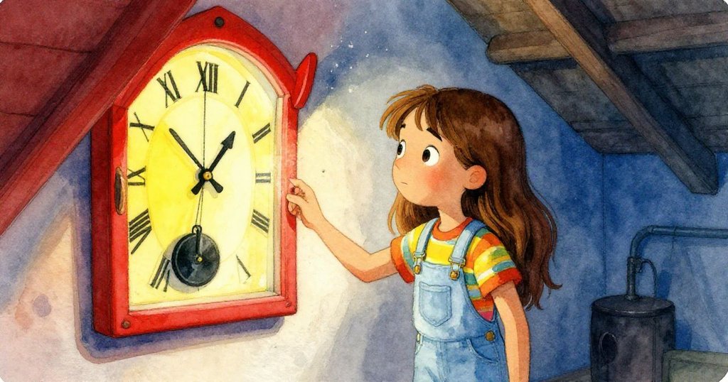 莉亞倚牆靜思,背後是敞開的鐘錶面板與沉默的擺錘,溫柔光影、塵埃飛舞,展現內心驚奇與釋然。