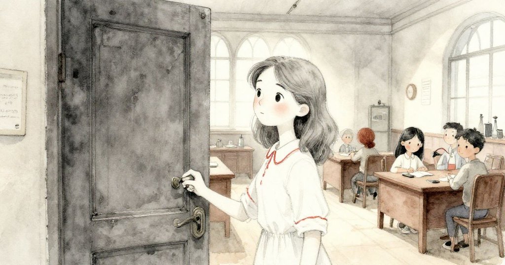 Mira 正在打開老舊實驗室的窄門，光線柔和，塵埃飛舞，展現開場探索歷程與好奇心。