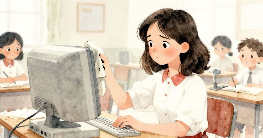 Mira 專心清理老電腦灰塵並按下電源，細膩展現動手修復與探索歷程，場景充滿復古韻味。